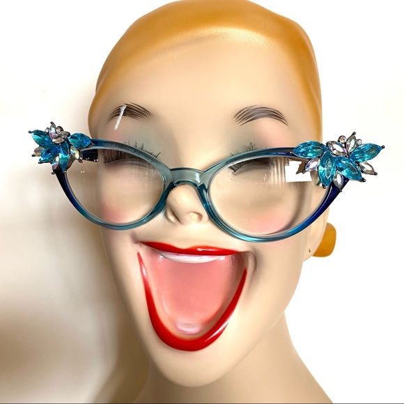 OOAK Vintage Vixen blue ombre frames with Turquoise rhinestones +.50 & +2.25 - Picture 5 of 9